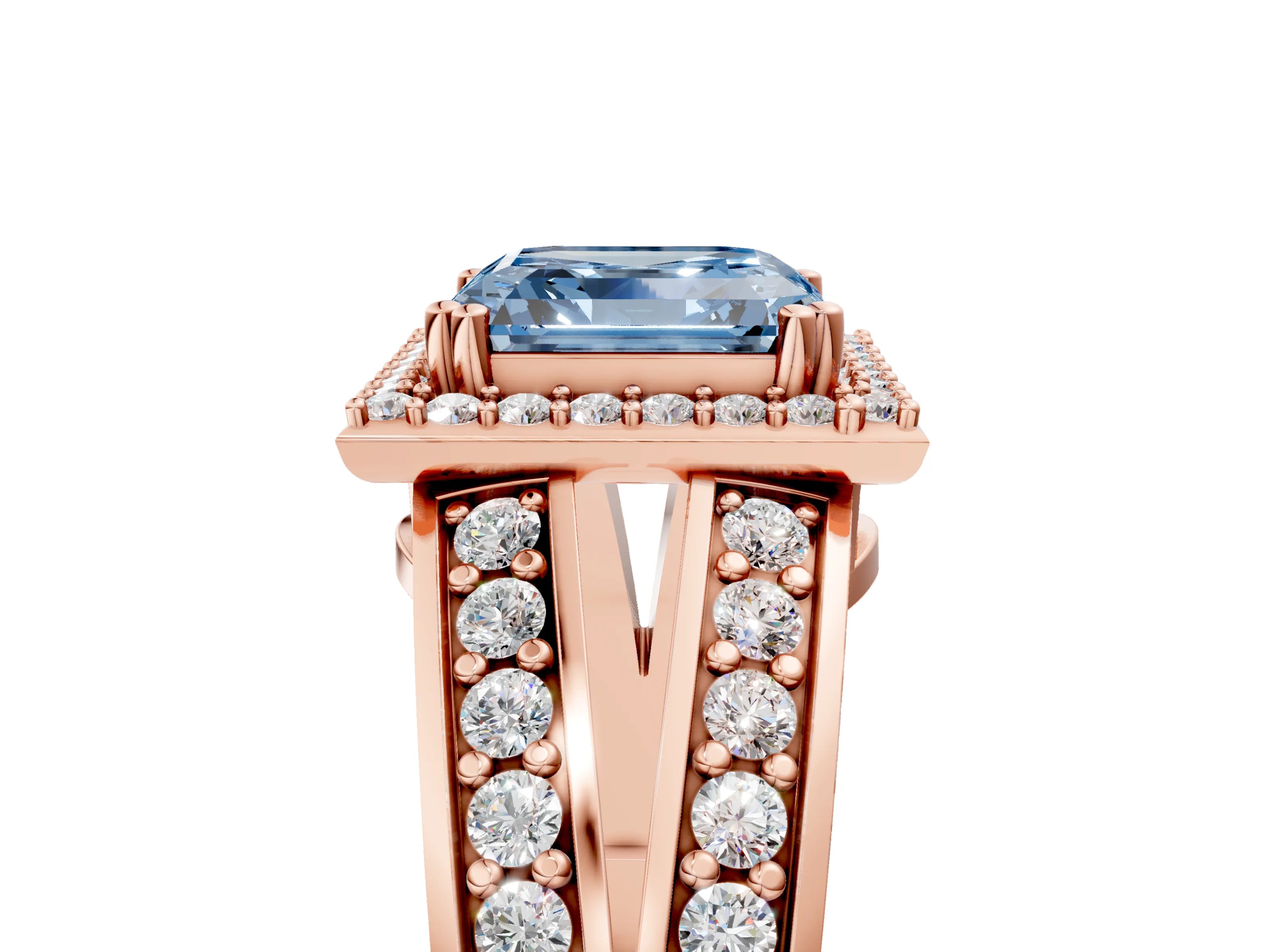 Rose gold Fancy Blue Asscher Cut Diamond Halo Ring with Split Shank Pavé Band and Four-Prong Setting_5
