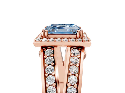 Rose gold Fancy Blue Asscher Cut Diamond Halo Ring with Split Shank Pavé Band and Four-Prong Setting_5