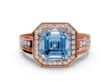 Rose gold Fancy Blue Asscher Cut Diamond Halo Ring with Split Shank and Bezel Accents and Prong Setting