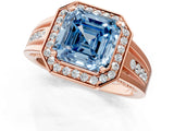 Rose gold Fancy Blue Asscher Cut Diamond Halo Ring with Split Shank and Bezel Accents and Prong Setting_1