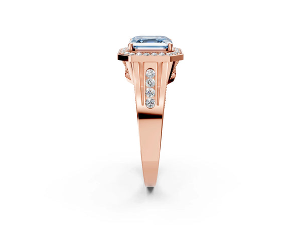 Rose Gold Asscher Cut Channel Set Halo Engagement Ring Setting for Fancy Blue Center