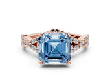 Rose gold Fancy Blue Asscher Cut Diamond  Halo Twist Band Solitaire Prong Setting Ring_24