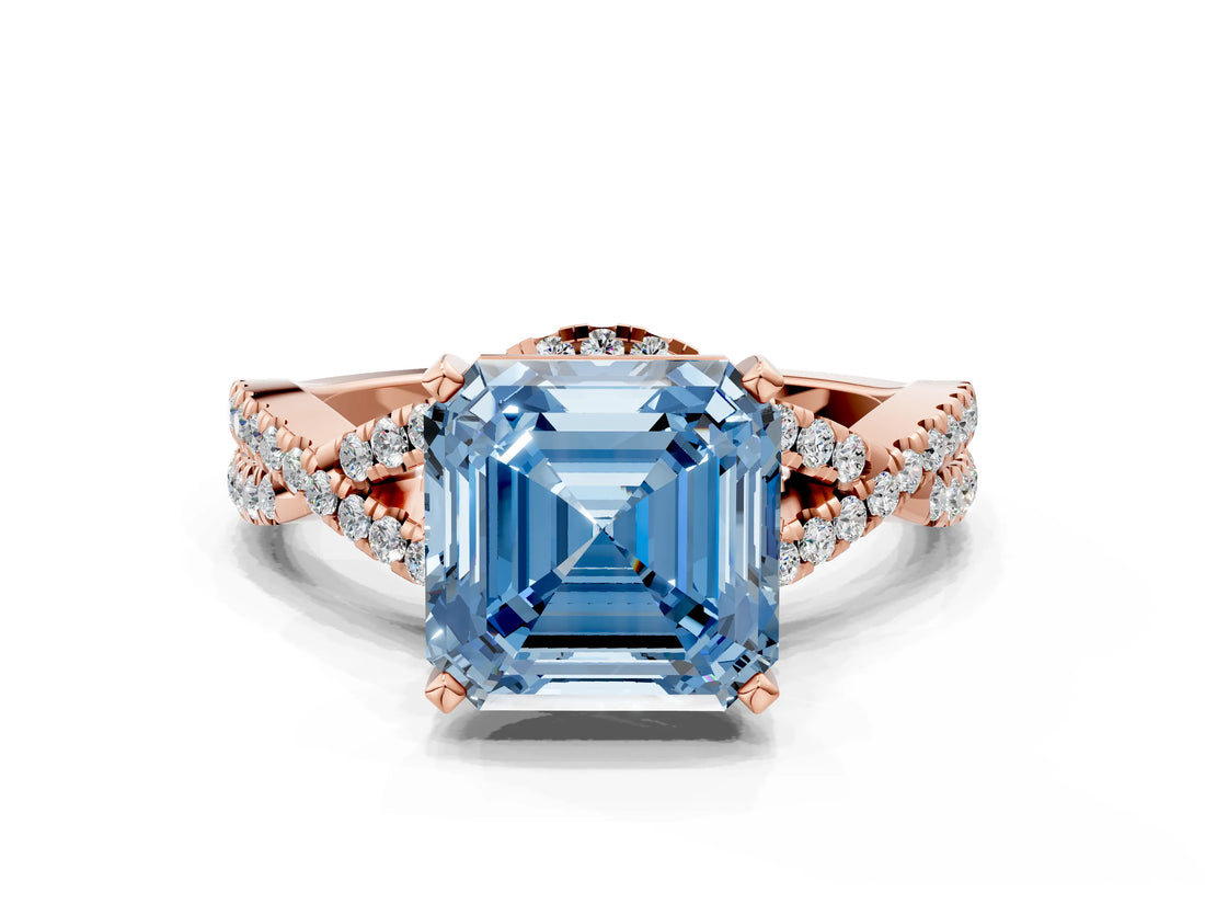 Rose gold Fancy Blue Asscher Cut Diamond  Halo Twist Band Solitaire Prong Setting Ring_42