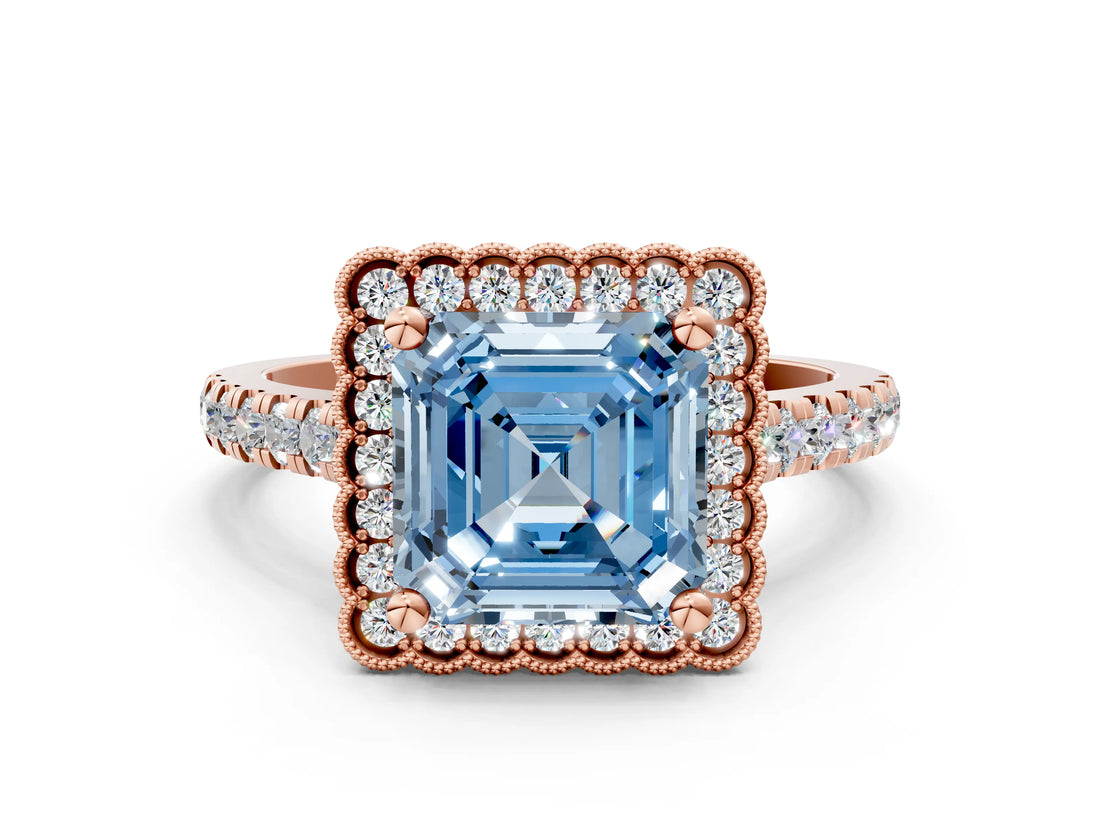 Rose gold Fancy Blue Asscher  Cut Diamond Milgrain Floral Halo Engagement Ring with Pavé Band_15
