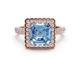 Rose gold Fancy Blue Asscher  Cut Diamond Milgrain Floral Halo Engagement Ring with Pavé Band_15