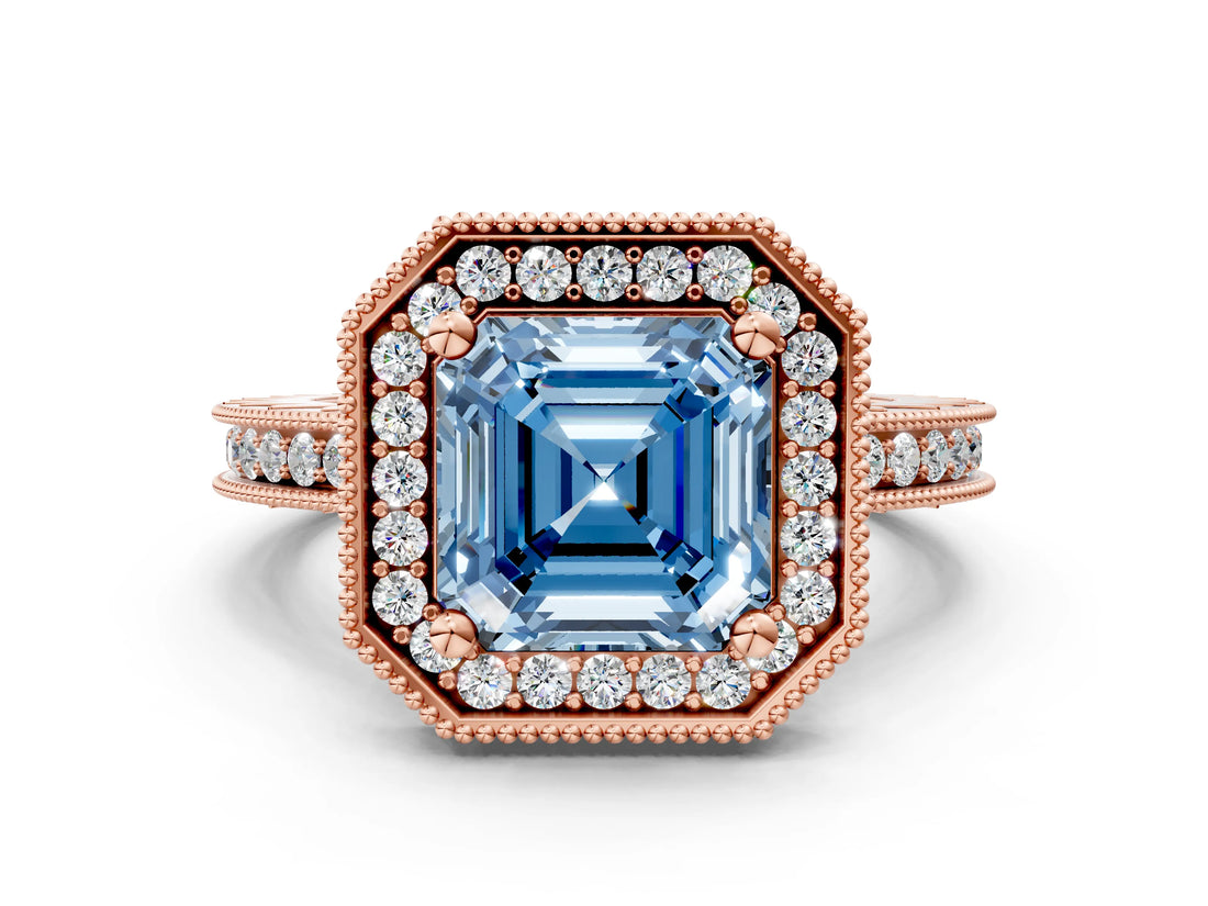 Rose gold Fancy Blue Asscher Cut Diamond Milgrain Halo Engagement Ring with Round Pavé Band and Prong Setting_12