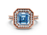 Rose gold Fancy Blue Asscher Cut Diamond Milgrain Halo Engagement Ring with Round Pavé Band and Prong Setting_12
