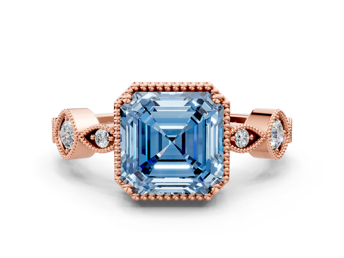 Rose gold Fancy Blue Asscher  Cut Diamond Milgrain Marquise Band with Prong Setting_3