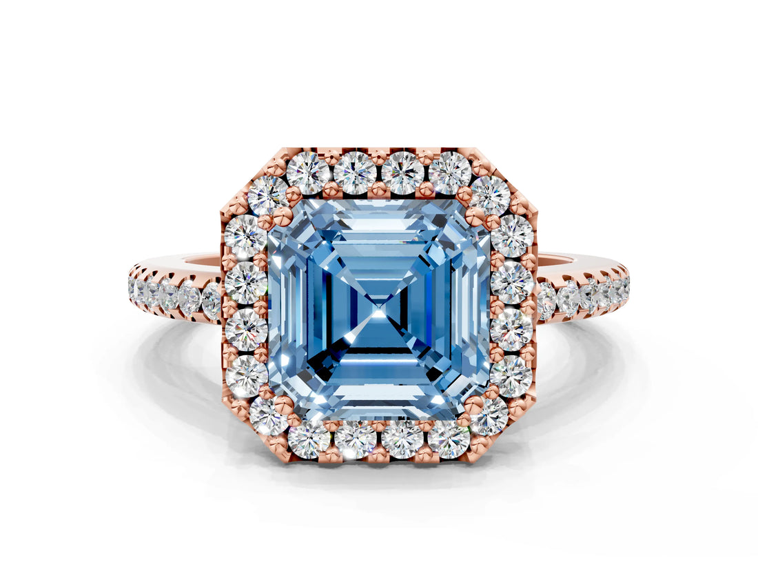 Rose gold Fancy Blue Asscher Cut Diamond Pavé Halo Ring with Four-Prong Setting_46