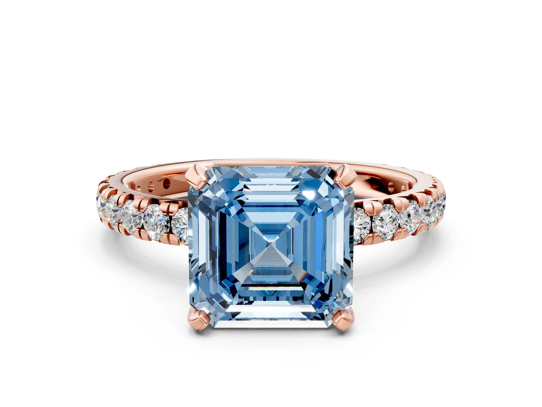 Rose gold Fancy Blue Asscher Cut Diamond Pavé Solitaire Ring with Round Band and Prong Setting_12