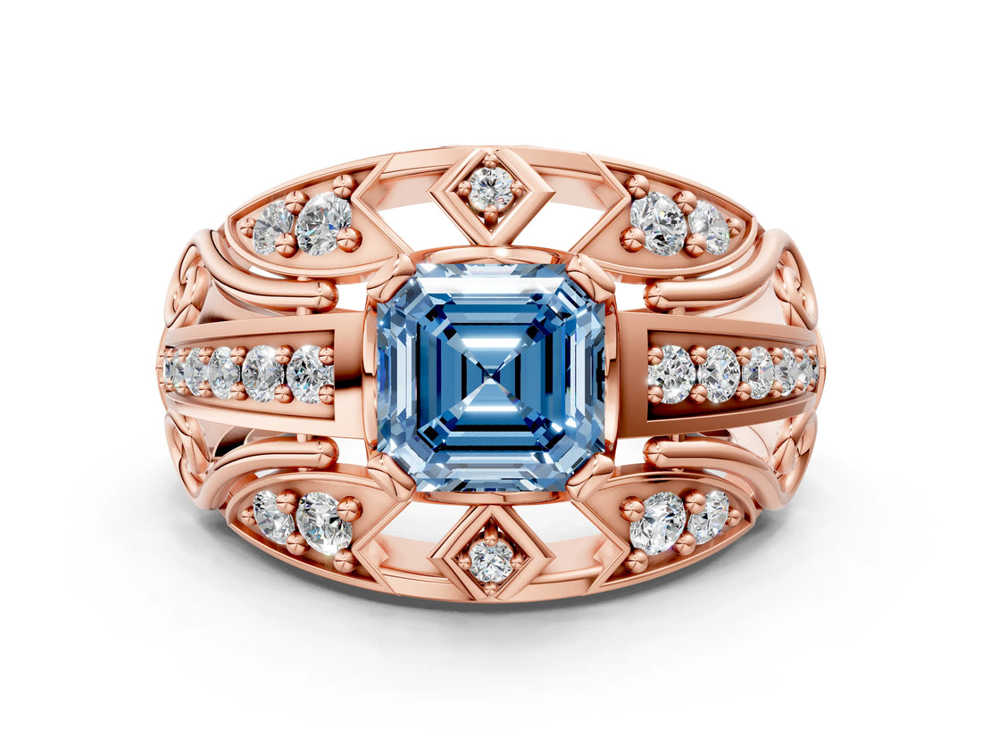 Rose gold Fancy Blue Asscher Cut Diamond Pave Art Deco Split Shank Ring with Four-Prong Setting