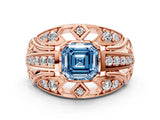 Rose gold Fancy Blue Asscher Cut Diamond Pave Art Deco Split Shank Ring with Four-Prong Setting