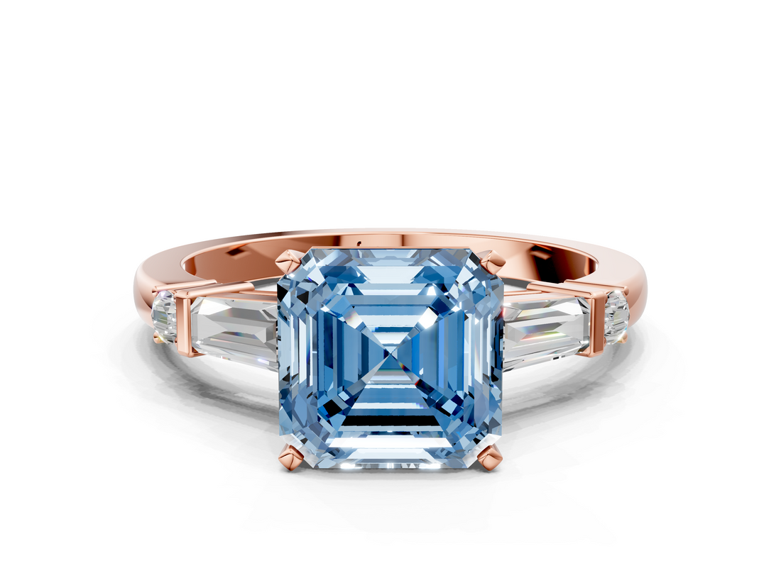 Rose gold Fancy Blue Asscher  Cut Diamond Ring with Baguette Side Stones, Channel Set Band, and Four-Prong Setting_15