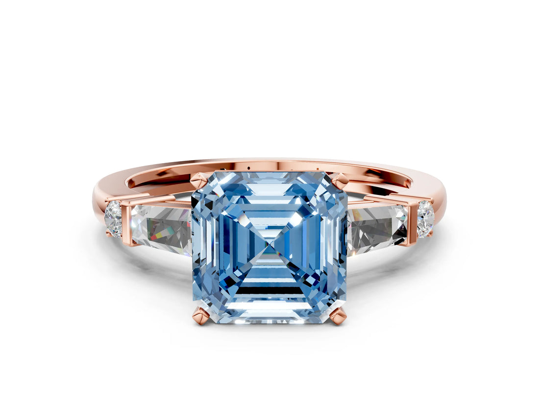 Rose gold Fancy Blue Asscher  Cut Diamond Ring with Baguette Side Stones, Channel Set Band, and Four-Prong Setting_24