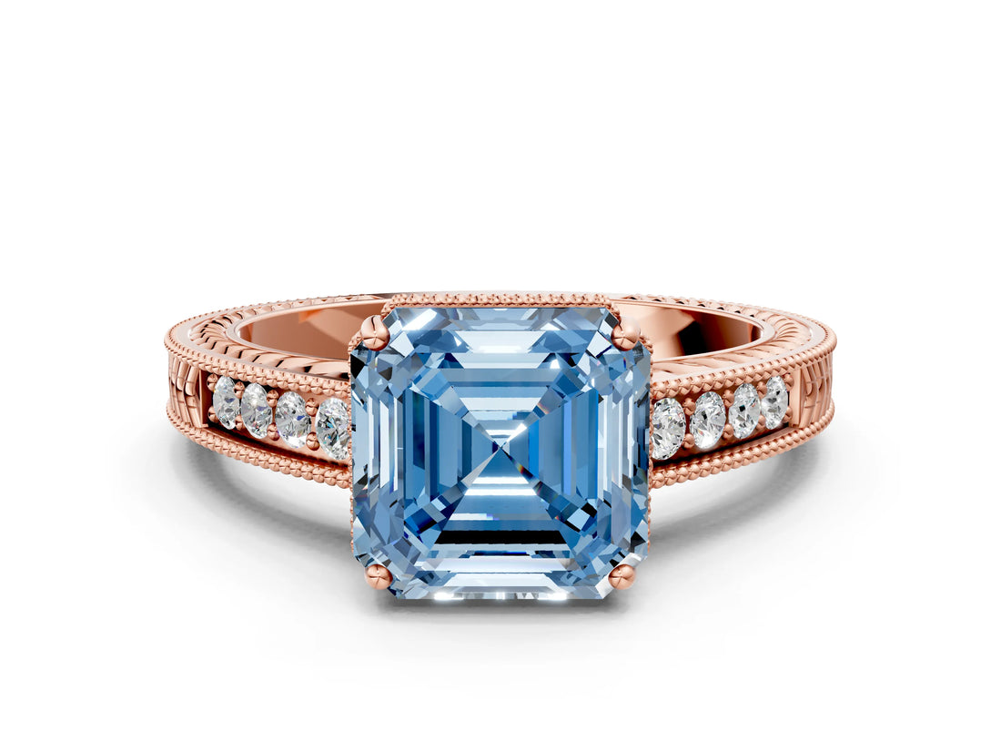 Rose gold Fancy Blue Asscher Cut Diamond Ring with Milgrain Pavé Band and Four-Prong Setting_20