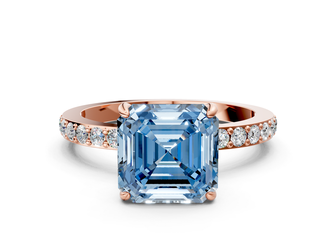 Rose gold Fancy Blue Asscher  Cut Diamond Ring with Pavé Band and Four-Prong Setting_17