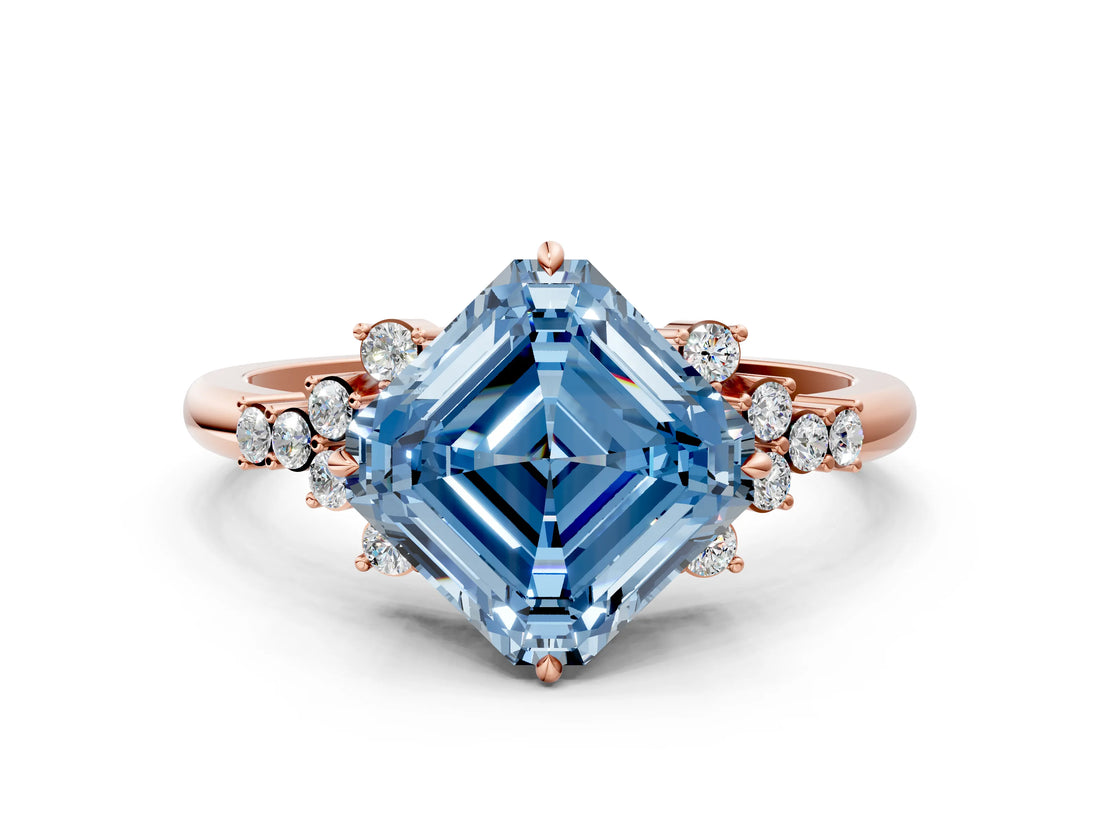 Rose gold Fancy Blue Asscher Cut Diamond Ring with Side Stones and Four-Prong Setting_58