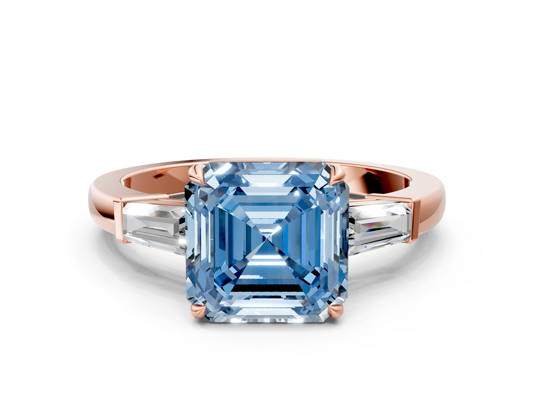 Rose gold Fancy Blue Asscher  Cut Diamond Ring with Tapered Baguette Side Stones in Four-Prong Setting_3