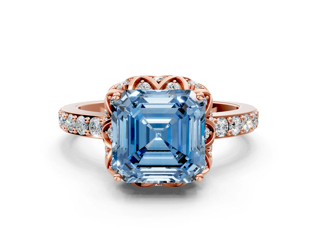 Rose gold Fancy Blue Asscher Cut Diamond Scalloped Halo Engagement Ring with Round Shared Prong Band_12