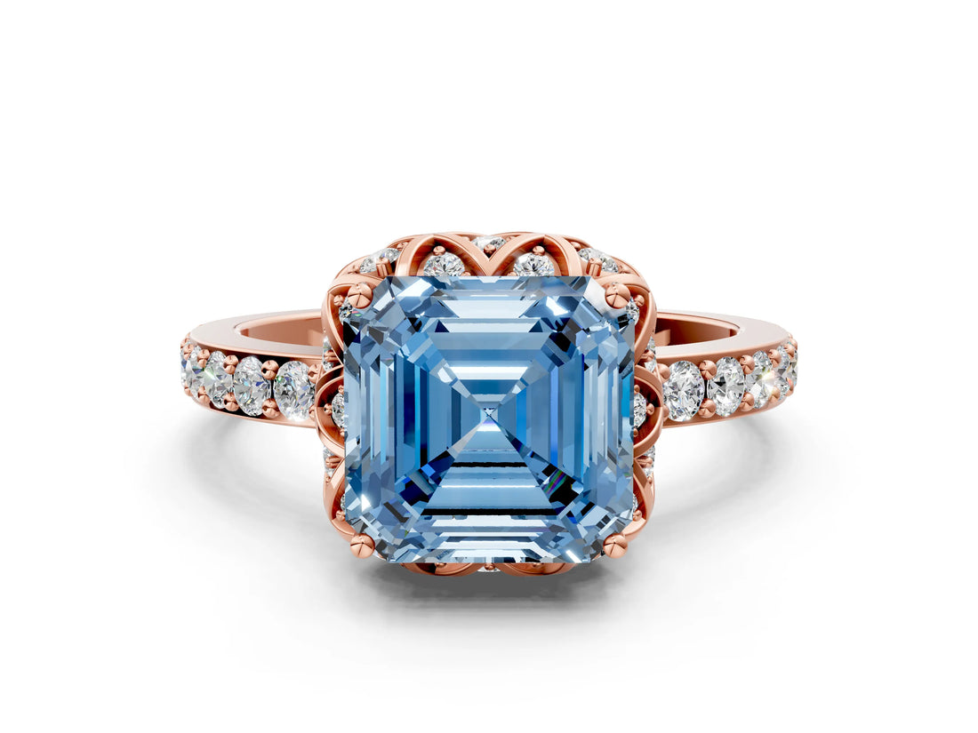 Rose gold Fancy Blue Asscher Cut Diamond Scalloped Halo Engagement Ring with Round Shared Prong Band_24