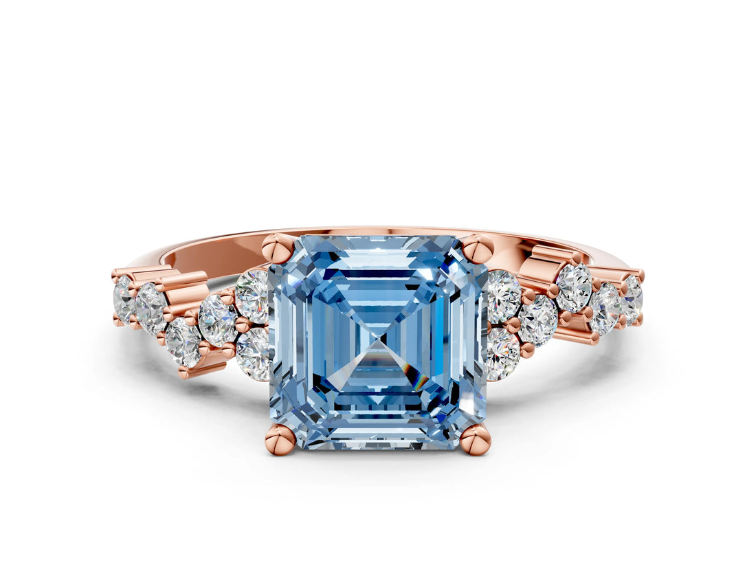 Rose gold Fancy Blue Asscher Cut Diamond Scattered Round Accent Ring with Prong Setting_12