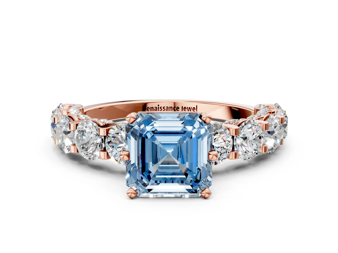 Rose gold Fancy Blue Asscher Cut Diamond Side Stone Engagement Ring with Four-Prong Setting_24