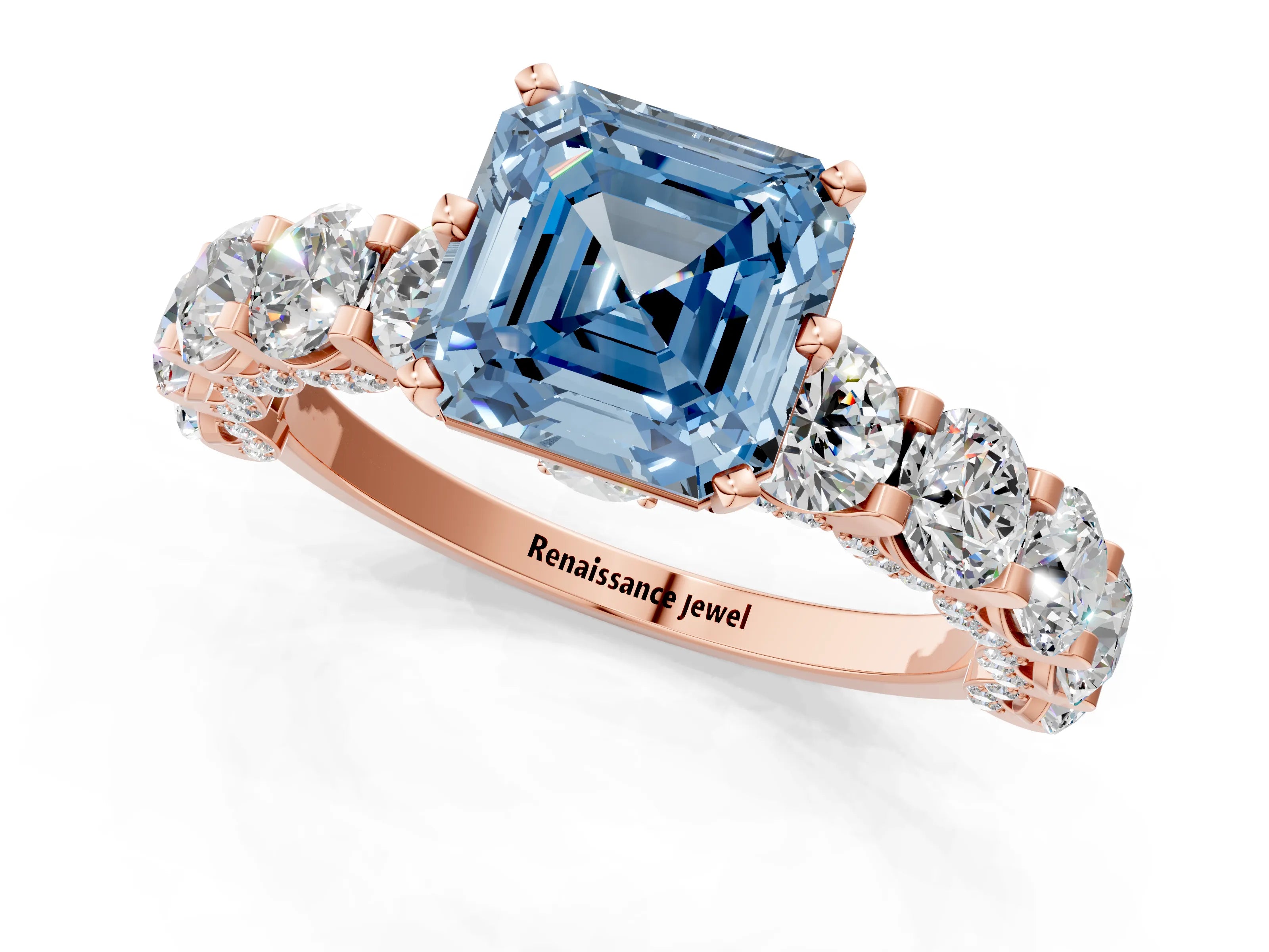 Rose gold Fancy Blue Asscher Cut Diamond Side Stone Engagement Ring with Four-Prong Setting_25