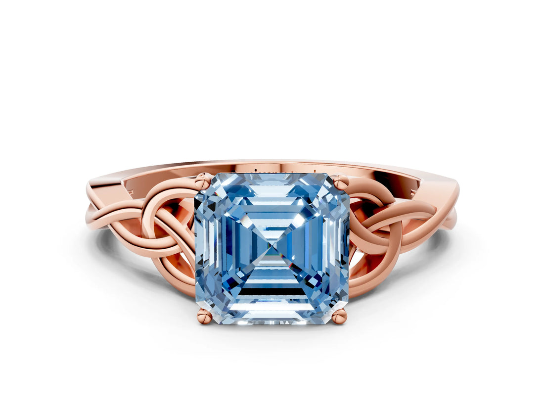 Rose gold Fancy Blue Asscher Cut Diamond Solitaire Celtic Knot Ring with Four-Prong Setting_42