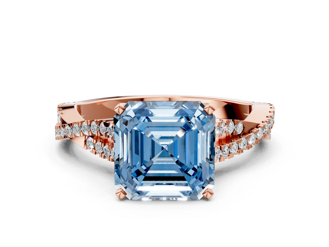 Rose gold Fancy Blue Asscher Cut Diamond Solitaire Engagement Ring with Twisted Pavé Band and Four-Prong Setting_55