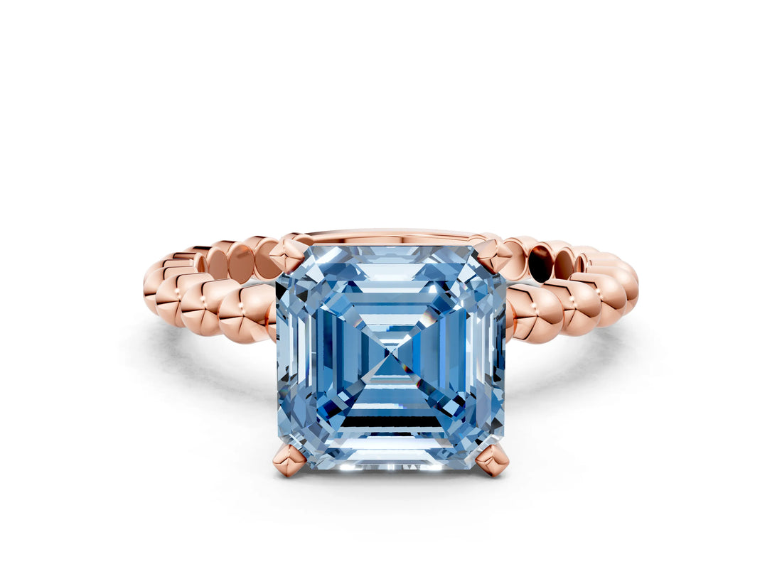 Rose gold Fancy Blue Asscher Cut Diamond Solitaire Ring with Beaded Band and Prong Setting_40