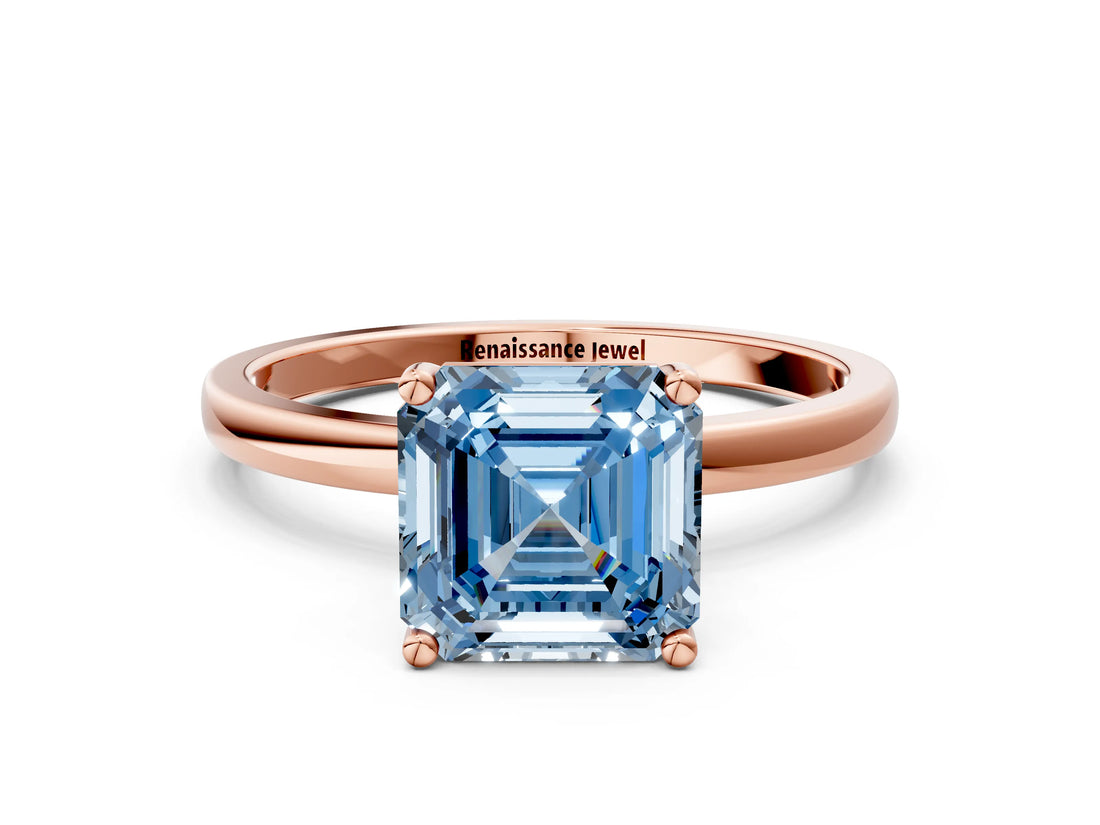 Rose gold Fancy Blue Asscher Cut Diamond Solitaire Ring with Classic Band and Four-Prong Setting