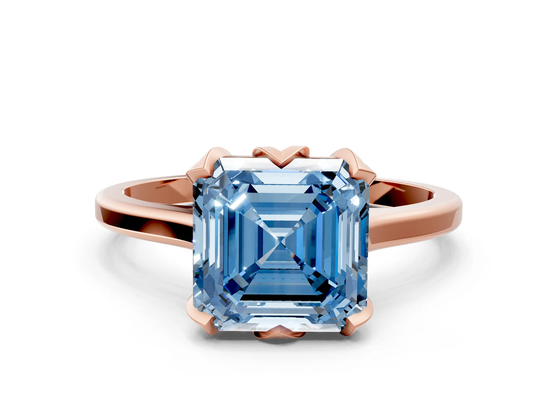 Rose gold Fancy Blue Asscher Cut Diamond Solitaire Ring with Flower Prong Setting and Classic Band_85