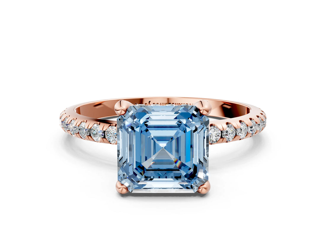 Rose gold Fancy Blue Asscher Cut Diamond Solitaire Ring with Four-Prong Setting and Pavé Band_3