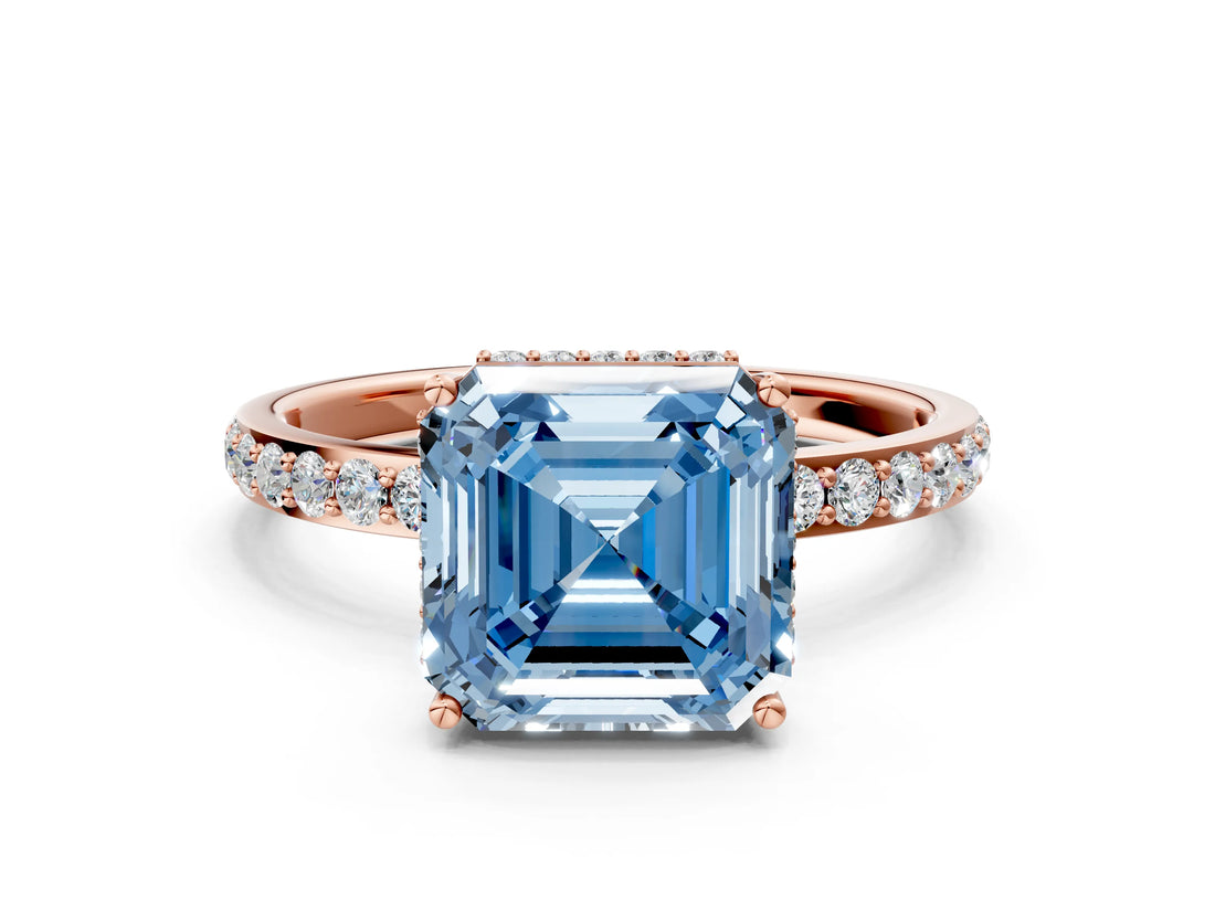 Rose gold Fancy Blue Asscher Cut Diamond Solitaire Ring with Pavé Band and Hidden Halo_21