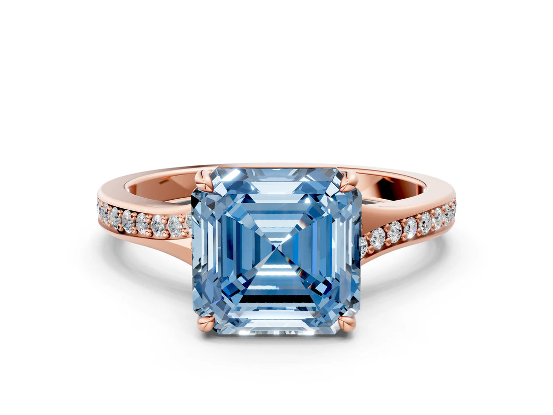 Rose gold Fancy Blue Asscher Cut Diamond Solitaire Ring with Pavé Band and Prong Setting_12
