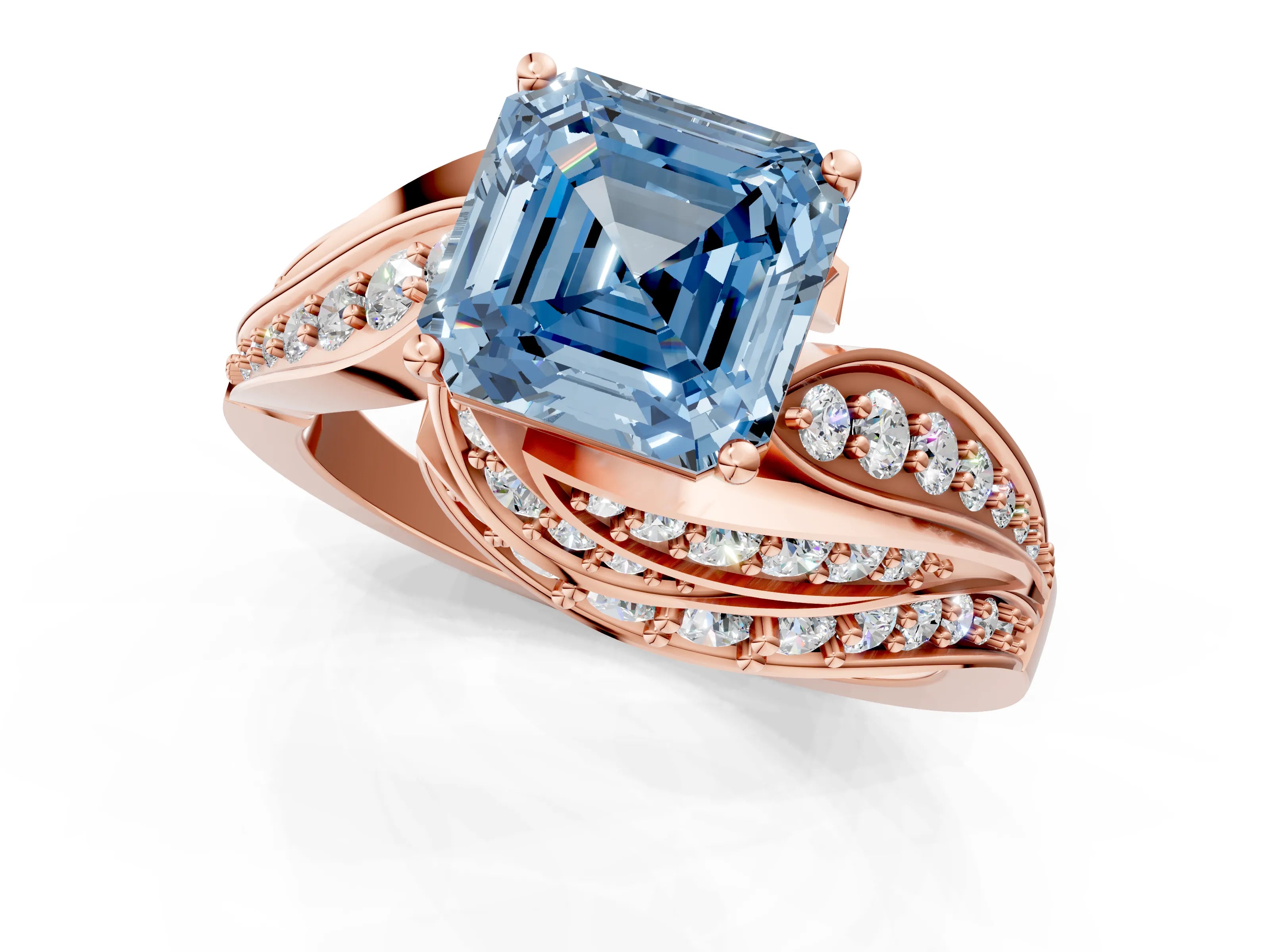 Rose gold Fancy Blue Asscher Cut Diamond Solitaire Ring with Prong Setting and Twisted Pavé Band_1