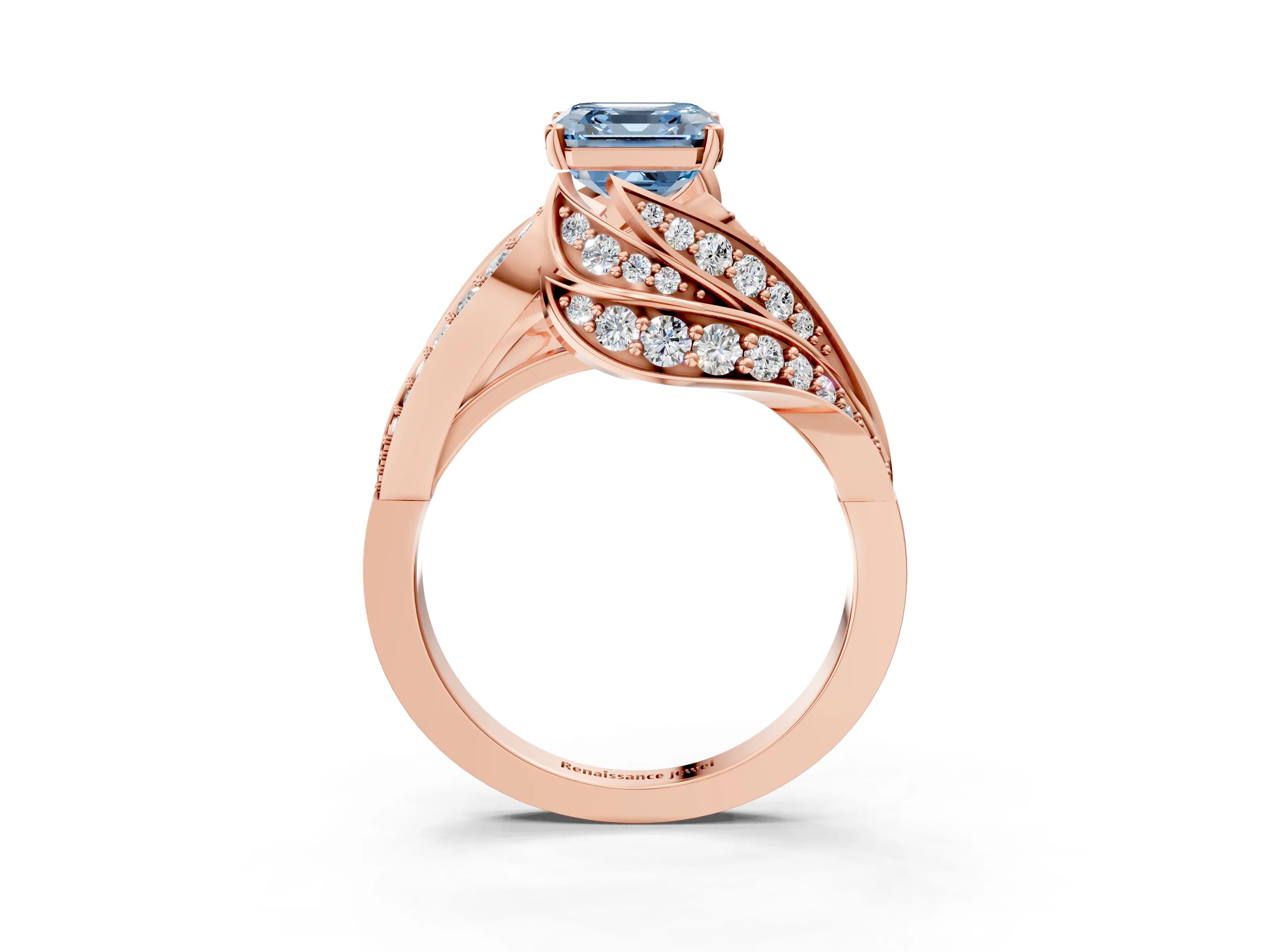 Rose gold Fancy Blue Asscher Cut Diamond Solitaire Ring with Prong Setting and Twisted Pavé Band_3