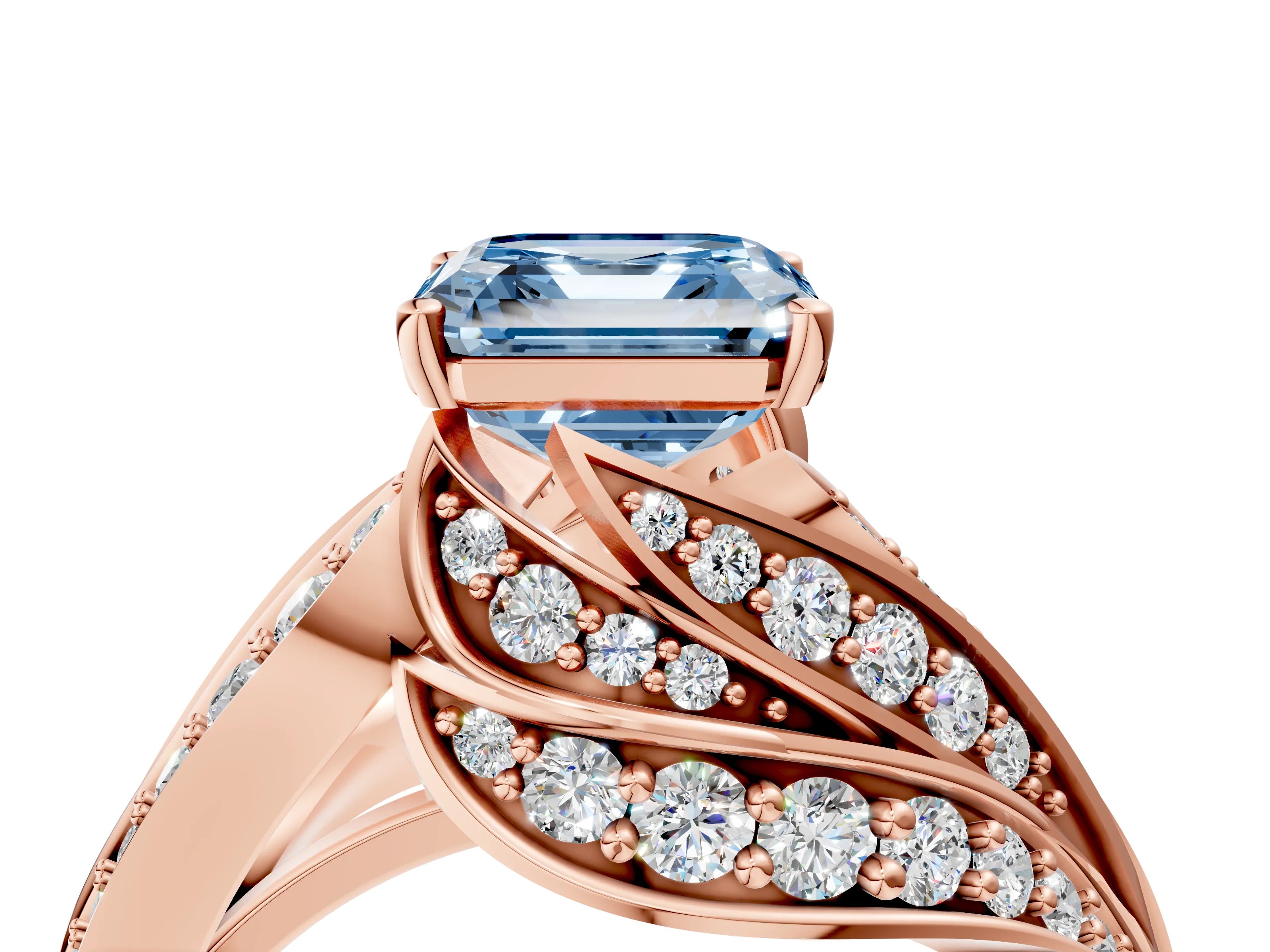 Rose gold Fancy Blue Asscher Cut Diamond Solitaire Ring with Prong Setting and Twisted Pavé Band_4