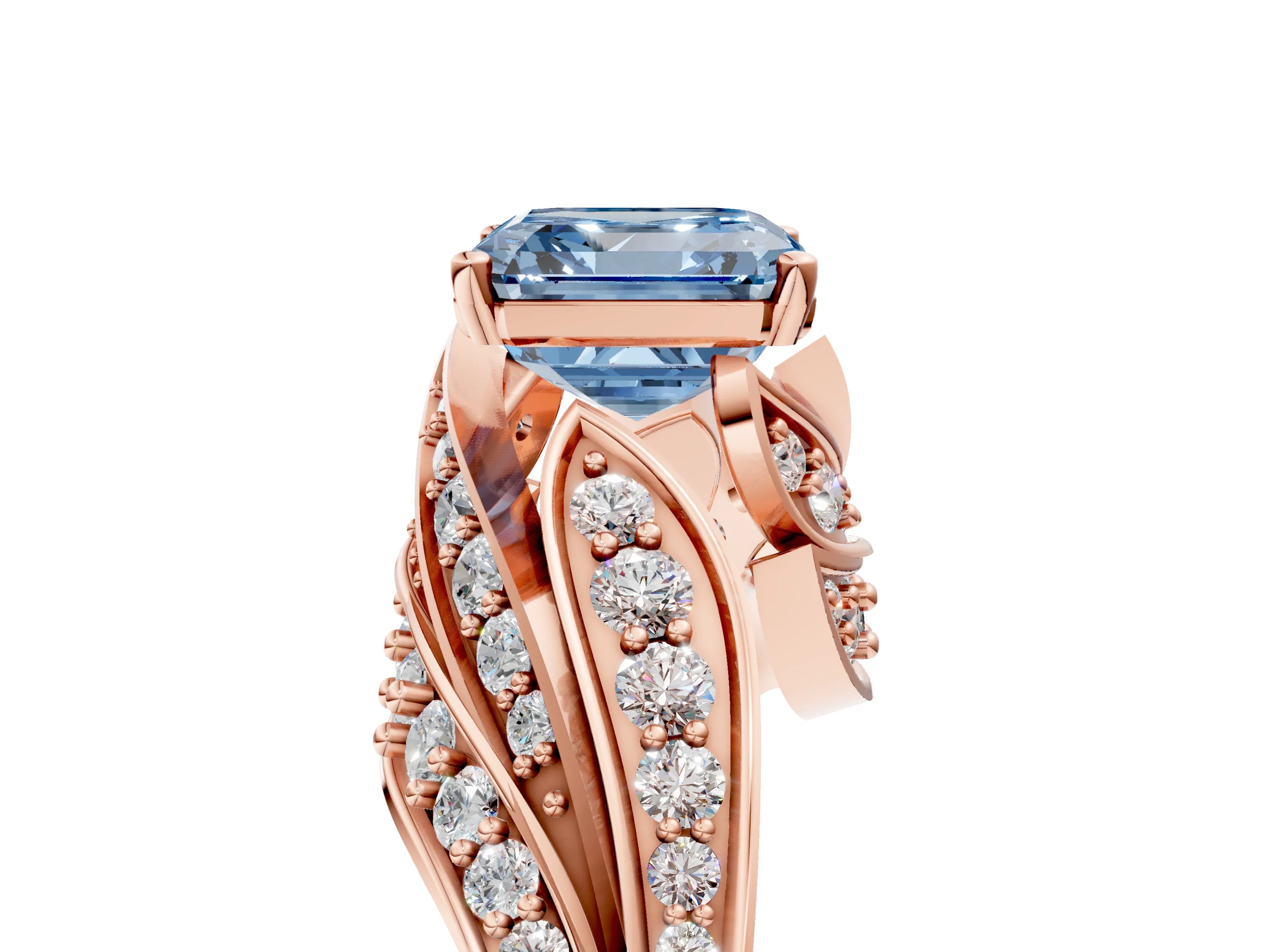 Rose gold Fancy Blue Asscher Cut Diamond Solitaire Ring with Prong Setting and Twisted Pavé Band_5