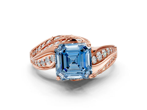 Rose gold Fancy Blue Asscher Cut Diamond Solitaire Ring with Prong Setting and Twisted Pavé Band
