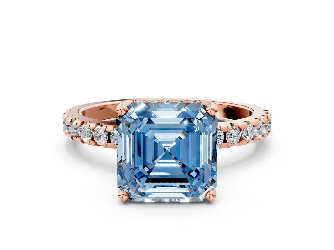 Rose gold Fancy Blue Asscher Cut Diamond Solitaire Ring with Round  Pavé Band and Four-Prong Setting_36