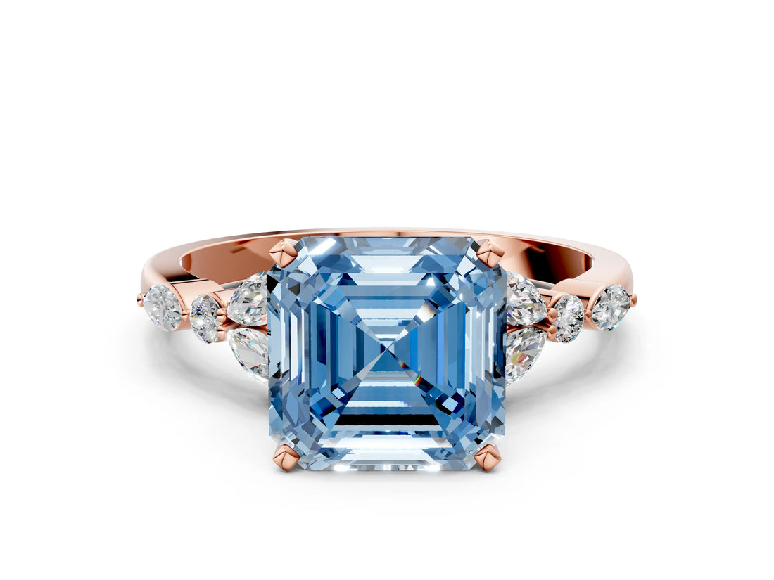 Rose gold Fancy Blue Asscher Cut Diamond Solitaire Ring with Side Stones and Four-Prong Setting_51