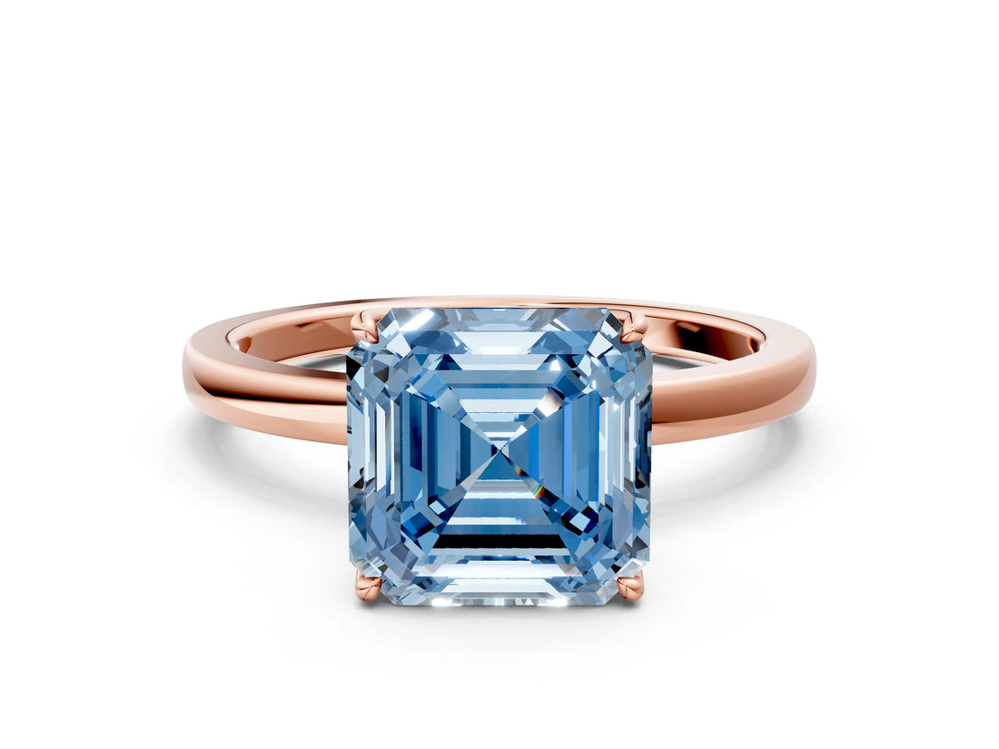 Rose gold Fancy Blue Asscher Cut Diamond Solitaire Ring with Thin Band and Prong Setting_12