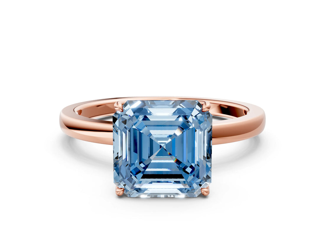 Rose gold Fancy Blue Asscher Cut Diamond Solitaire Ring with Thin Band and Prong Setting_24