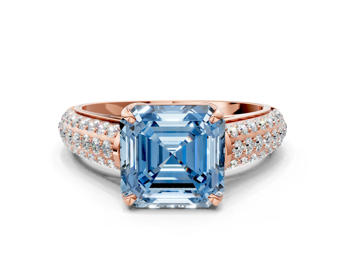 Rose gold Fancy Blue Asscher Cut Diamond Solitaire Ring with Three-Row Pavé Band and Four-Prong Setting_17