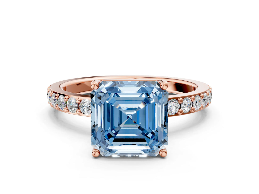 Rose gold Fancy Blue Asscher  Cut Diamond Solitaire with Pave Band and Four-Prong Setting