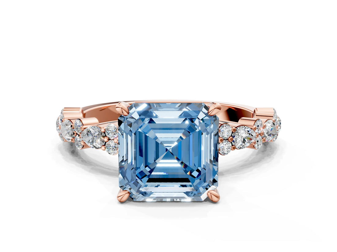 Rose gold Fancy Blue Asscher Cut Diamond Solitaire with Side Stones, Pave Band, Four-Prong Setting_52