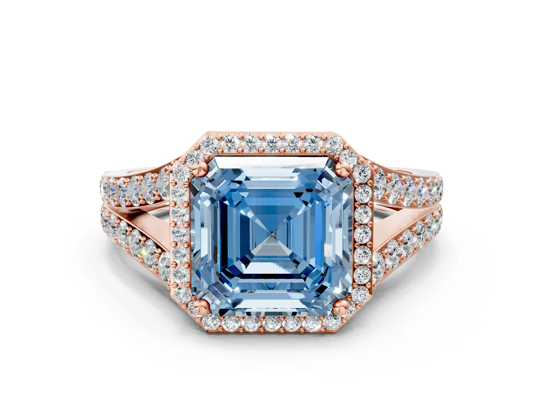 Rose gold Fancy Blue Asscher Cut Diamond Split Shank Halo Ring with Four-Prong Setting_34