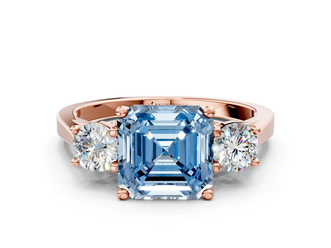Rose gold Fancy Blue Asscher Cut Diamond Three-Stone Engagement Ring with Prong Setting and Pavé Band