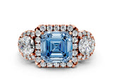 Rose gold Fancy Blue Asscher Cut Diamond Three-Stone Halo Ring with Prong Setting and Pavé Accents